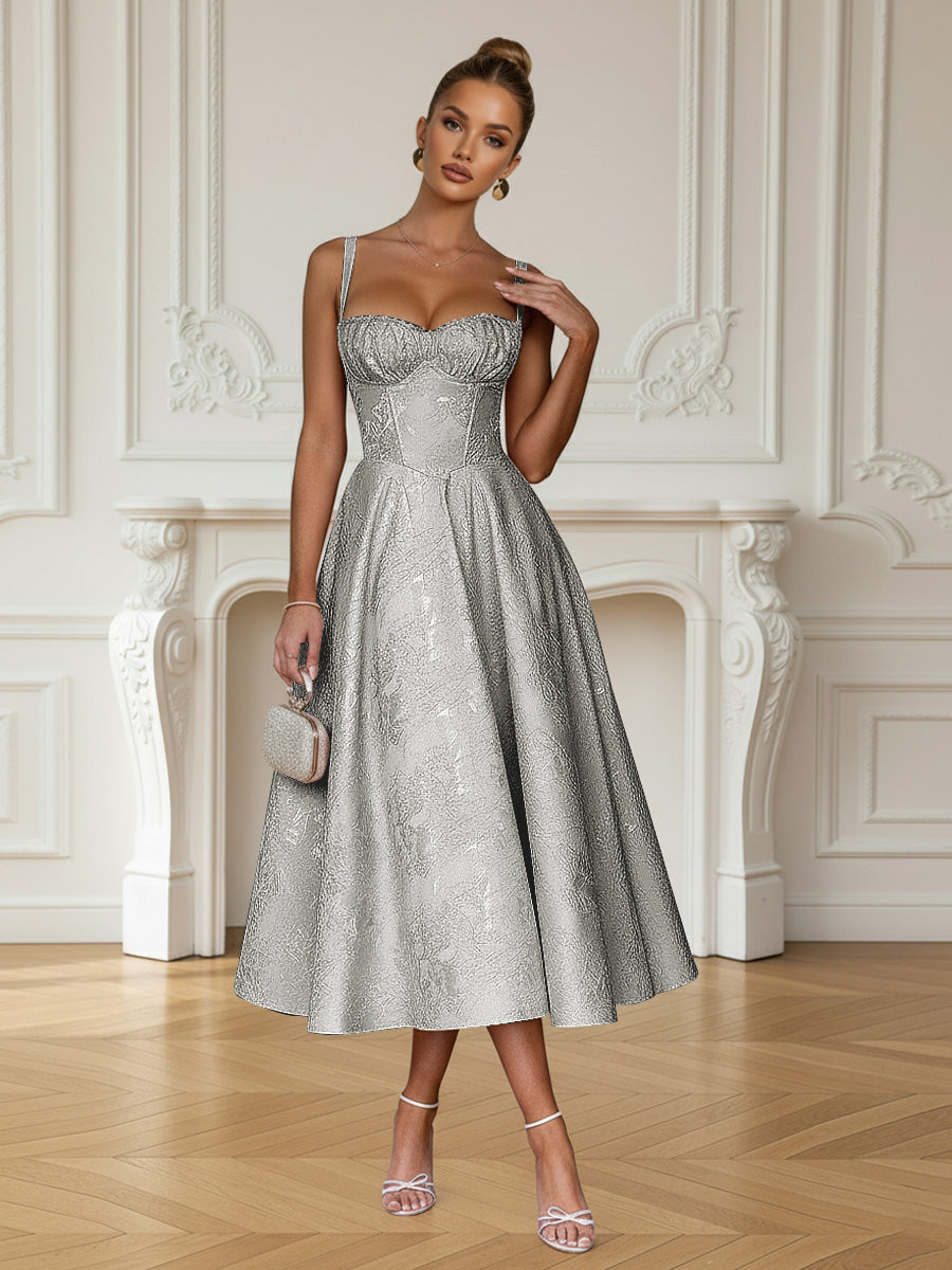 Y2K Spaghetti Strap Midi Prom Dresses with Floral Jacquard