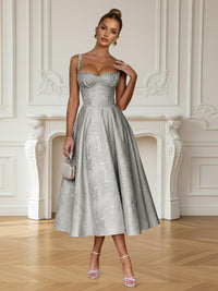 Y2K Spaghetti Strap Midi Prom Dresses with Floral Jacquard