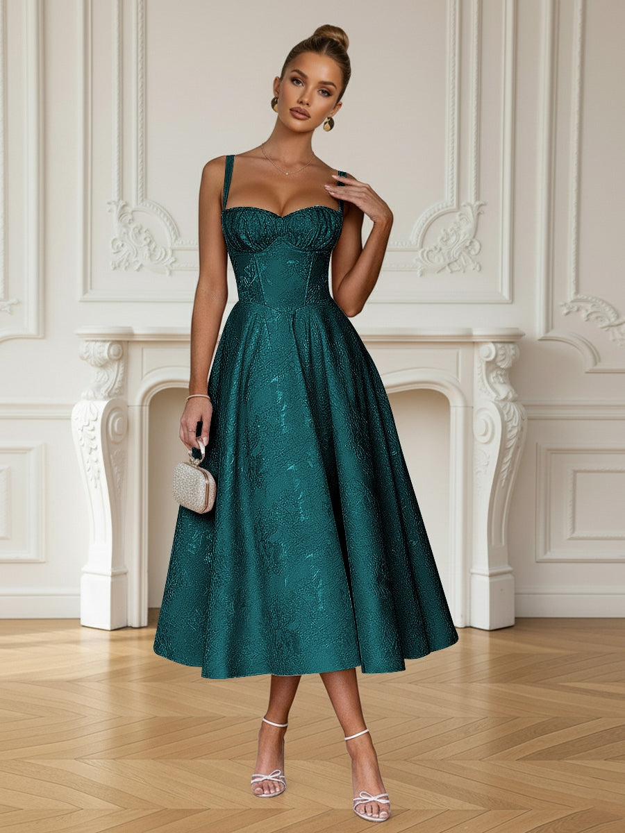 Y2K Spaghetti Strap Midi Prom Dresses with Floral Jacquard