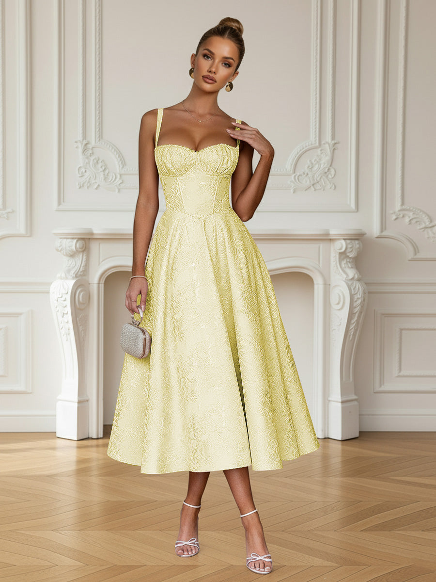 Y2K Spaghetti Strap Midi Prom Dresses with Floral Jacquard