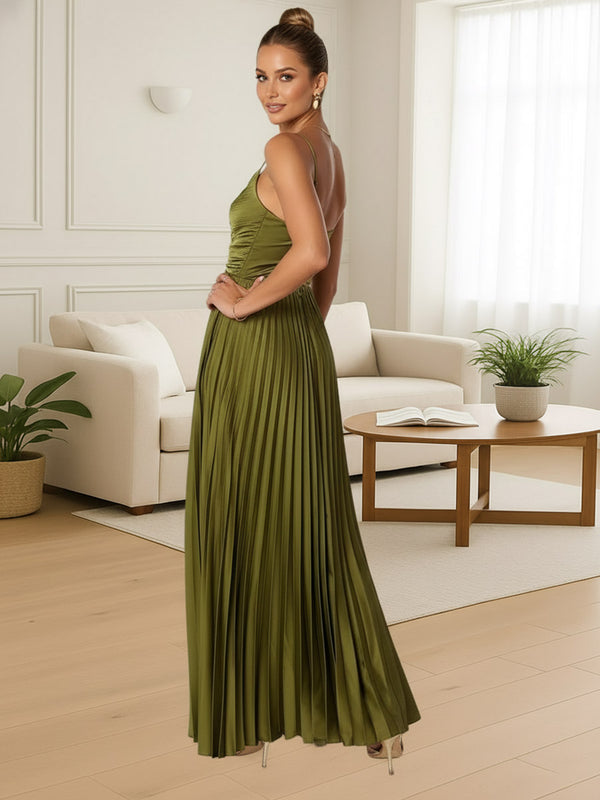A-Line/Princess Spaghetti Strap V-Neck Pleated Satin Long Evening Dresses