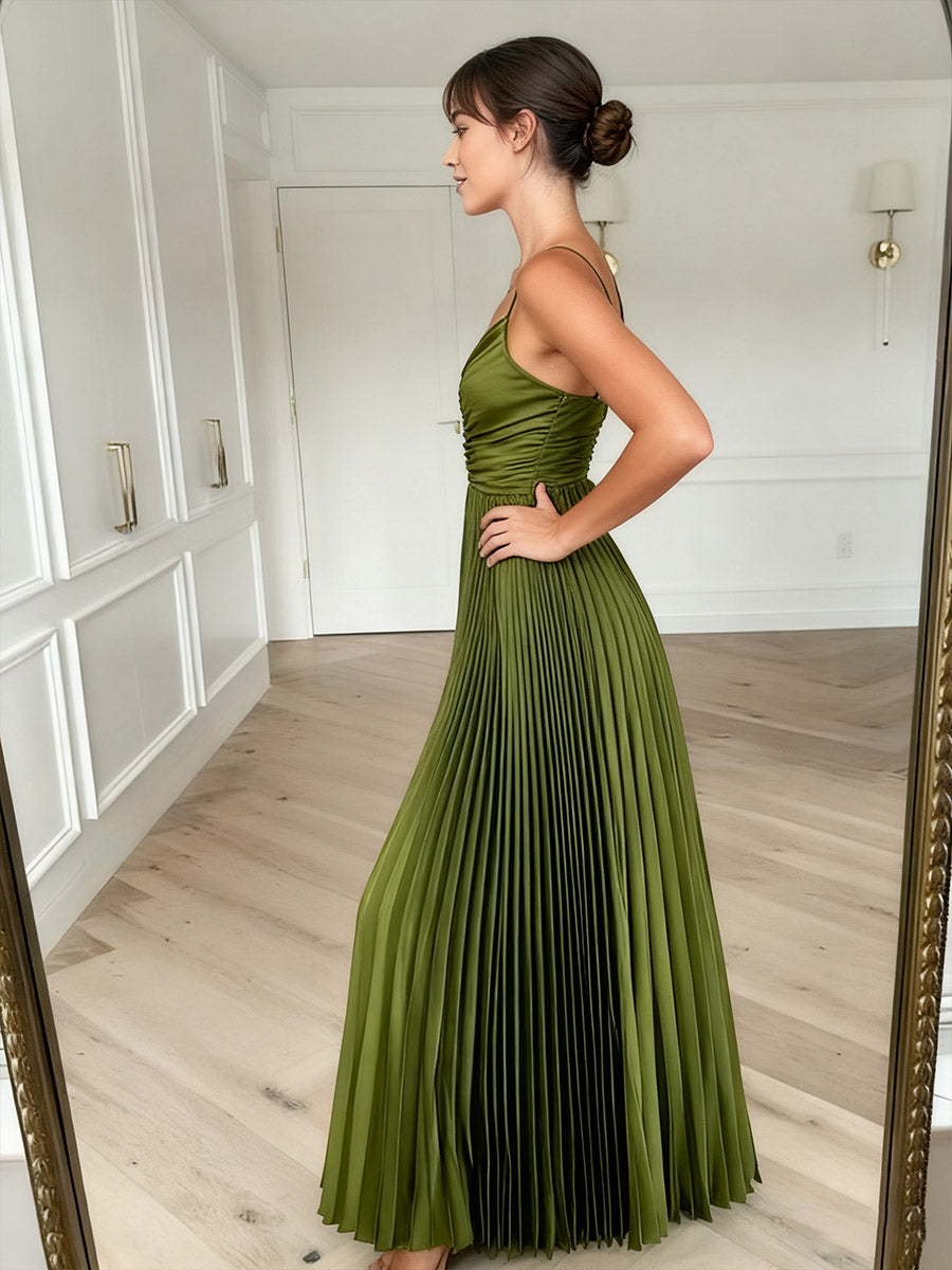 A-Line/Princess Spaghetti Strap V-Neck Pleated Satin Long Evening Dresses
