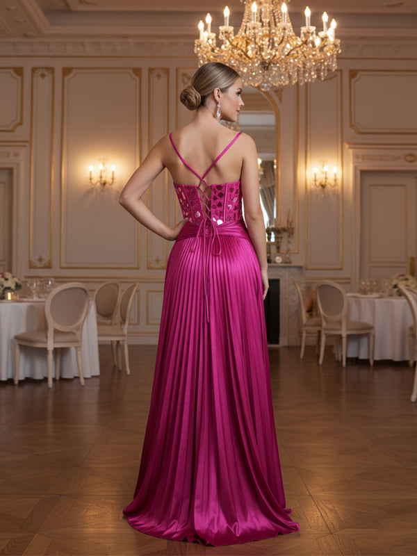V-Neck Spaghetti Strap Floor-Length Prom Dresses with Mirror