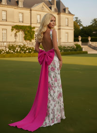Mermaid Halter Deep V Neck Floral Sequin Floor Length Prom Dresses with Slit