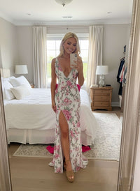 Mermaid Halter Deep V Neck Floral Sequin Floor Length Prom Dresses with Slit