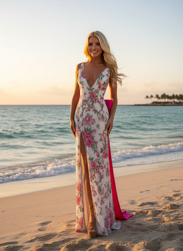 Mermaid Halter Deep V Neck Floral Sequin Floor Length Prom Dresses with Slit