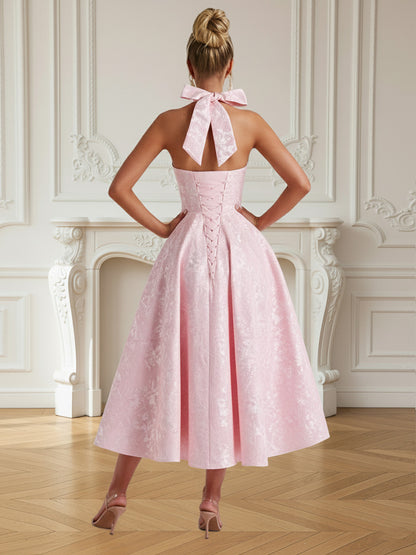 Vintage A Line Halter Midi Prom Dresses with Floral Jacquard