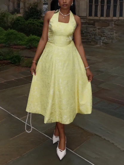Vintage A Line Halter Midi Prom Dresses with Floral Jacquard