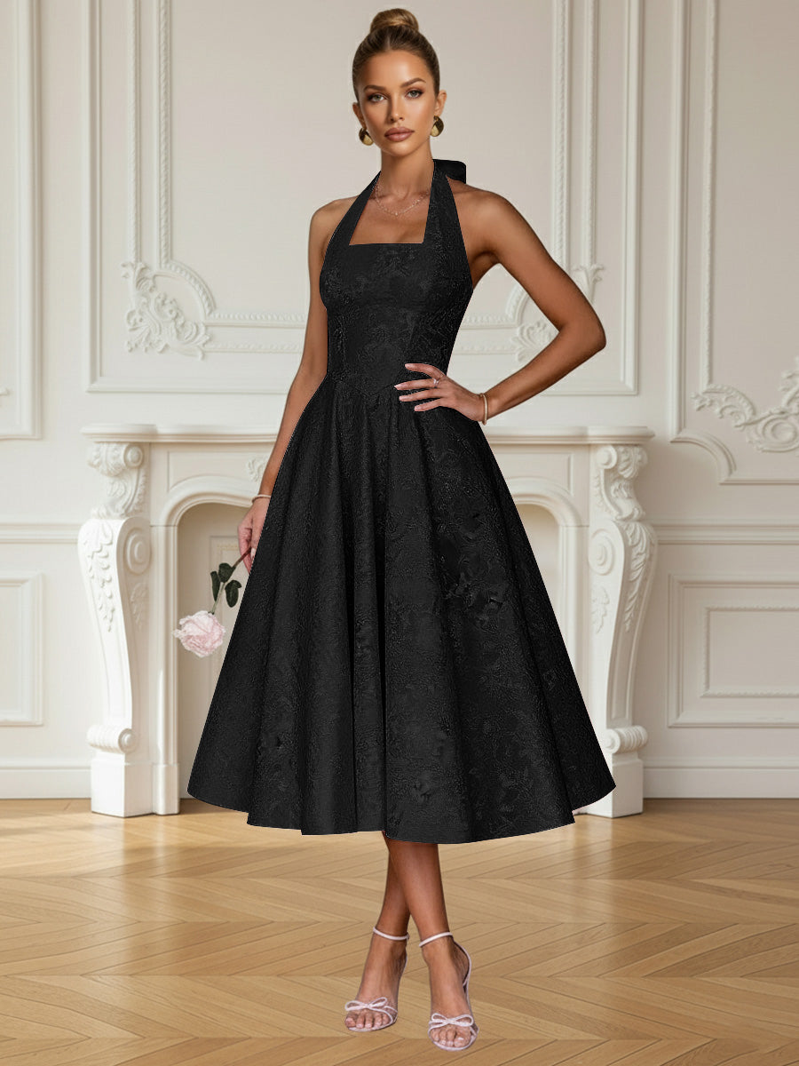 Vintage A Line Halter Midi Prom Dresses with Floral Jacquard