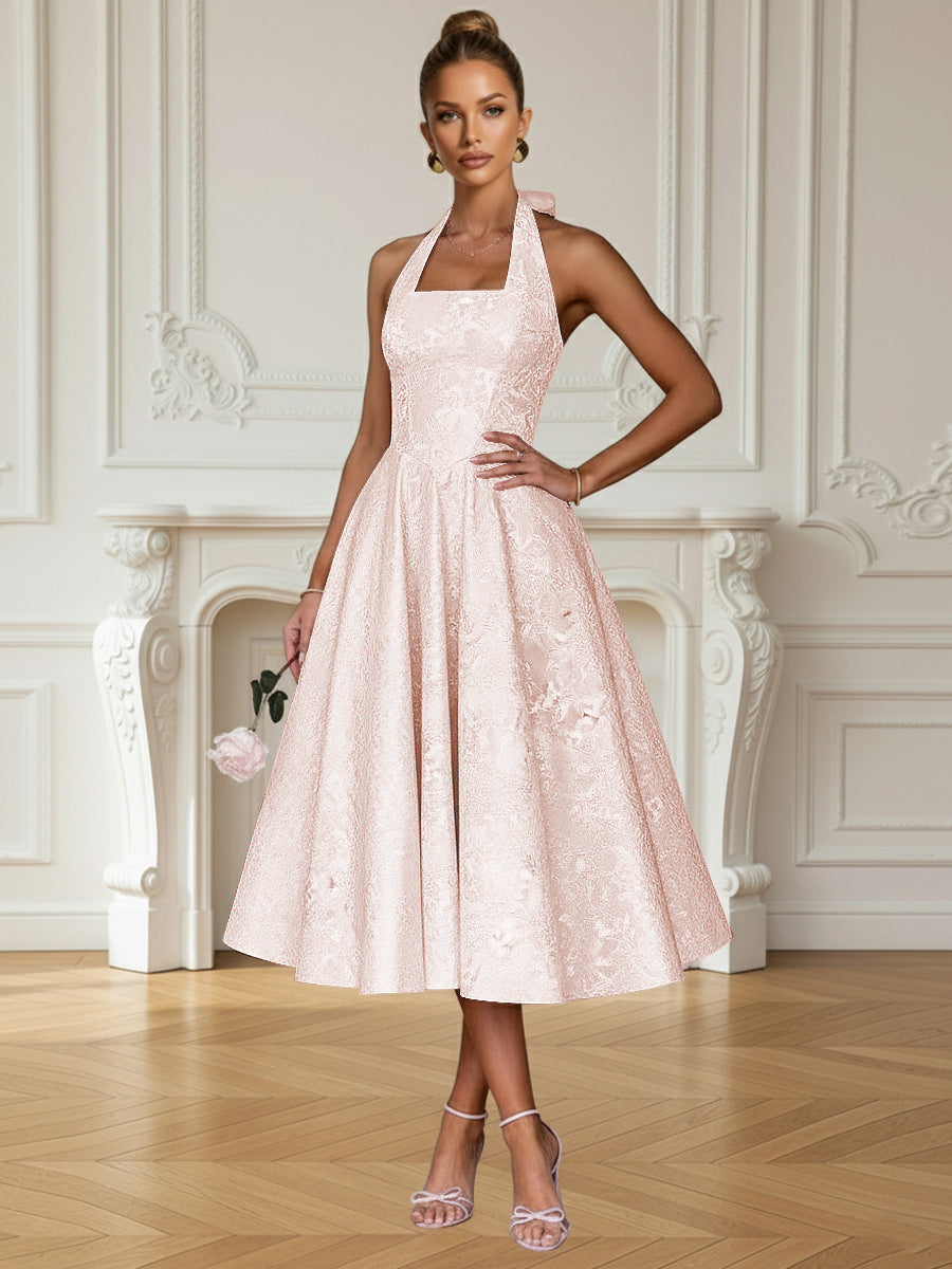 Vintage A Line Halter Midi Prom Dresses with Floral Jacquard