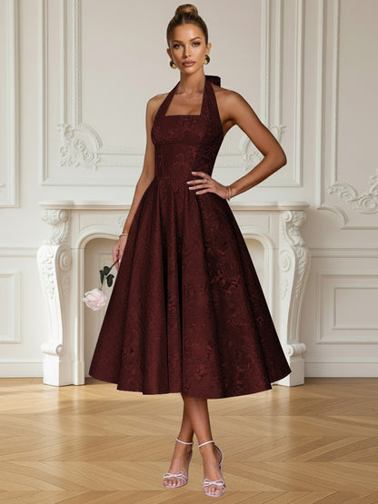 Vintage A Line Halter Midi Prom Dresses with Floral Jacquard