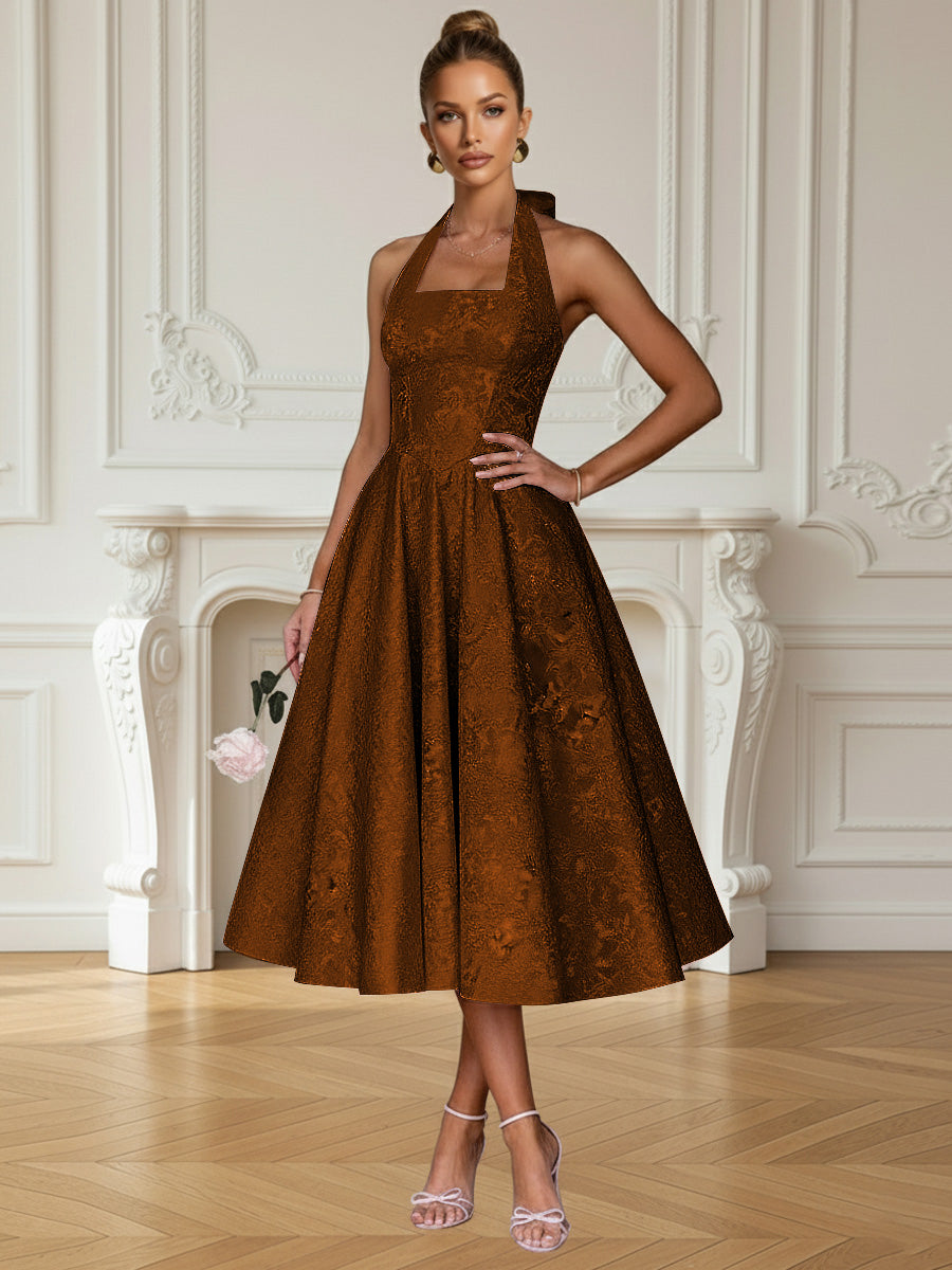 Vintage A Line Halter Midi Prom Dresses with Floral Jacquard