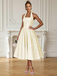 Vintage A Line Halter Midi Prom Dresses with Floral Jacquard