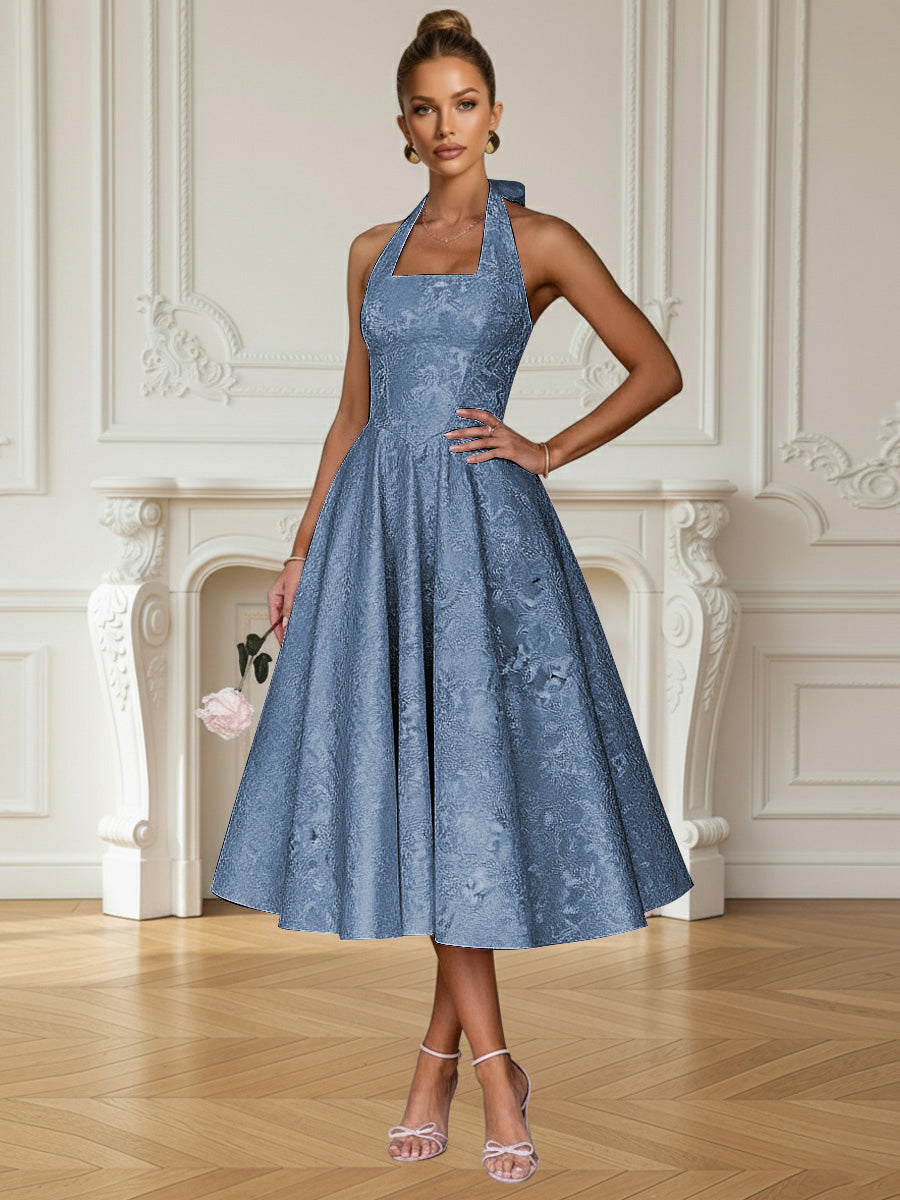 Vintage A Line Halter Midi Prom Dresses with Floral Jacquard
