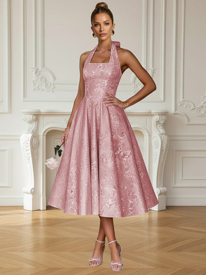 Vintage A Line Halter Midi Prom Dresses with Floral Jacquard