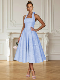 Vintage A Line Halter Midi Prom Dresses with Floral Jacquard