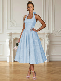 Vintage A Line Halter Midi Prom Dresses with Floral Jacquard