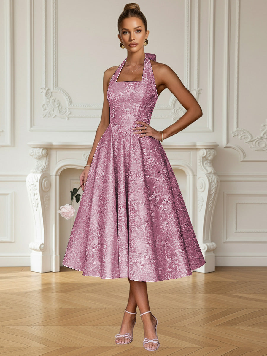 Vintage A Line Halter Midi Prom Dresses with Floral Jacquard