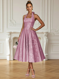 Vintage A Line Halter Midi Prom Dresses with Floral Jacquard