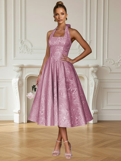 Vintage A Line Halter Midi Prom Dresses with Floral Jacquard