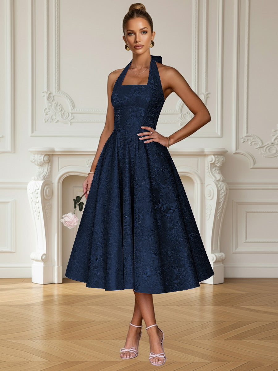 Vintage A Line Halter Midi Prom Dresses with Floral Jacquard