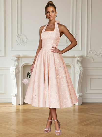 Vintage A Line Halter Midi Prom Dresses with Floral Jacquard