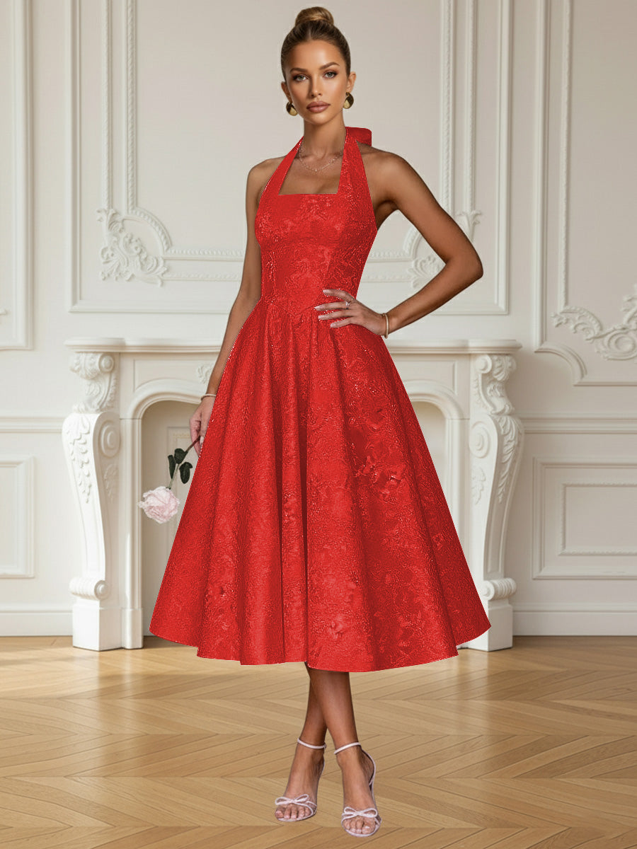 Vintage A Line Halter Midi Prom Dresses with Floral Jacquard