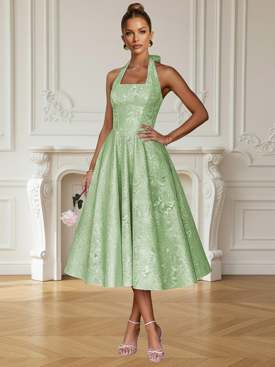 Vintage A Line Halter Midi Prom Dresses with Floral Jacquard