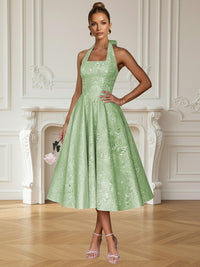 Vintage A Line Halter Midi Prom Dresses with Floral Jacquard
