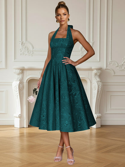 Vintage A Line Halter Midi Prom Dresses with Floral Jacquard