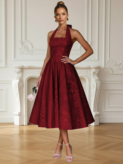 Vintage A Line Halter Midi Prom Dresses with Floral Jacquard