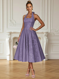 Vintage A Line Halter Midi Prom Dresses with Floral Jacquard