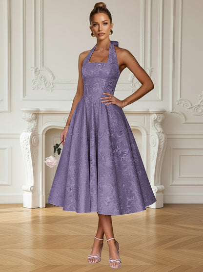 Vintage A Line Halter Midi Prom Dresses with Floral Jacquard