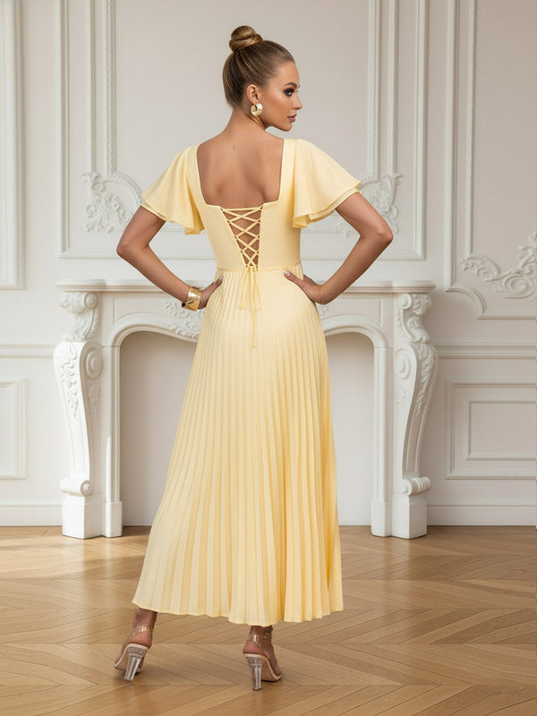 A-Line/Princess Short Sleeve Pleated Satin Floor-Length Formal Gowns