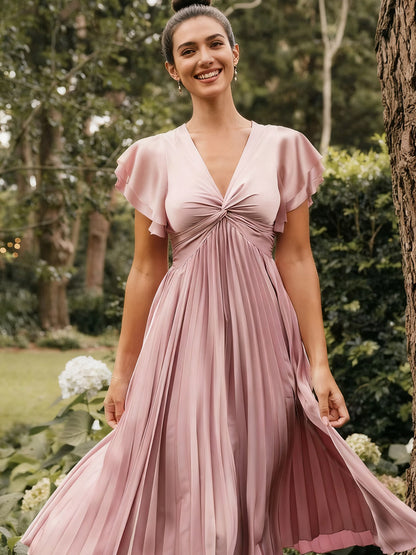 A-Line/Princess Short Sleeve Pleated Satin Floor-Length Prom Dresses