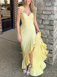 Sheath/Column Ruffle Sleeve Floor-Length Formal Prom Dresses with Beads