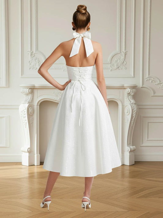 Vintage Jacquard Halter Midi Prom Dresses for Women with A Line Hem