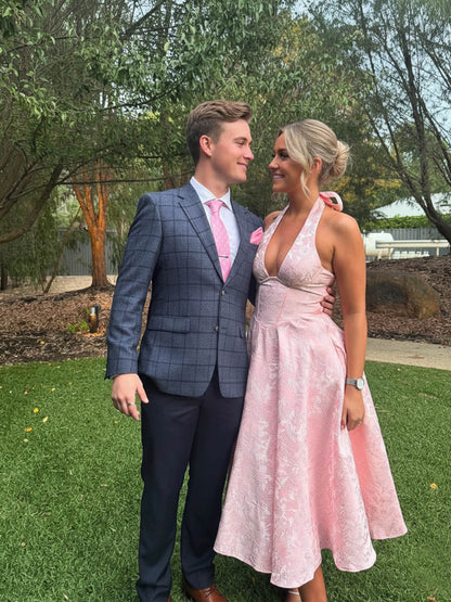 Vintage Jacquard Halter Midi Prom Dresses for Women with A Line Hem