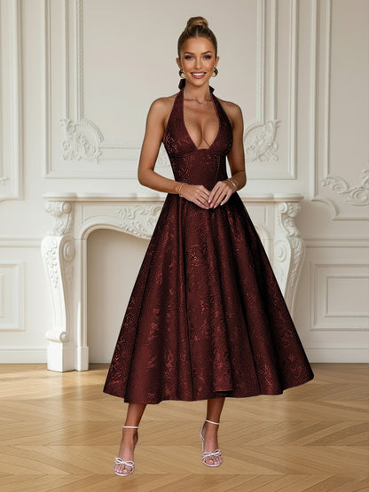 Vintage Jacquard Halter Midi Prom Dresses for Women with A Line Hem
