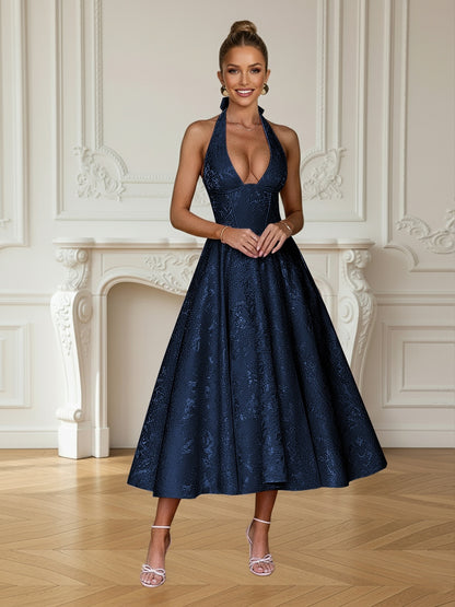 Vintage Jacquard Halter Midi Prom Dresses for Women with A Line Hem