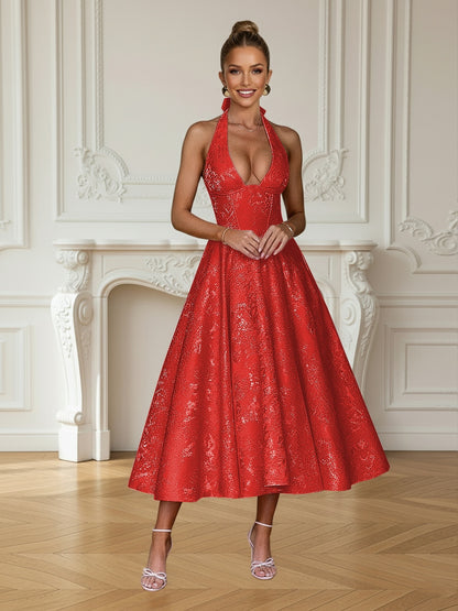 Vintage Jacquard Halter Midi Prom Dresses for Women with A Line Hem