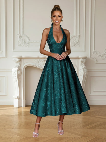 Vintage Jacquard Halter Midi Prom Dresses for Women with A Line Hem