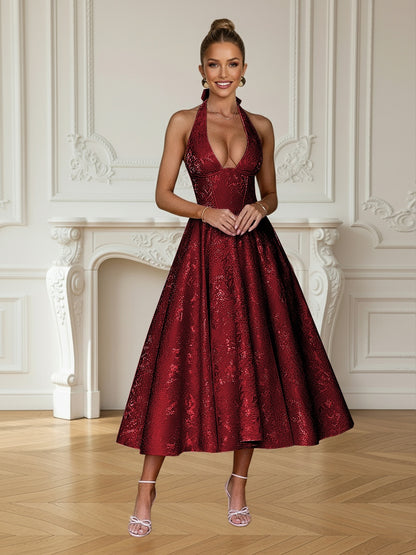 Vintage Jacquard Halter Midi Prom Dresses for Women with A Line Hem