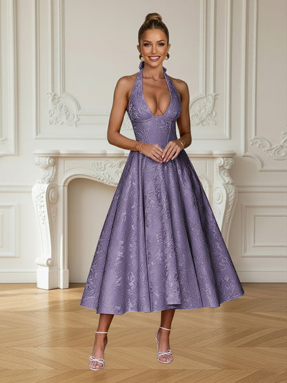 Vintage Jacquard Halter Midi Prom Dresses for Women with A Line Hem