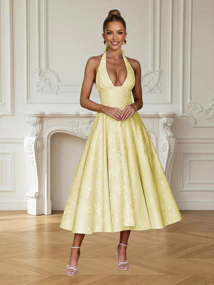 Vintage Jacquard Halter Midi Prom Dresses for Women with A Line Hem