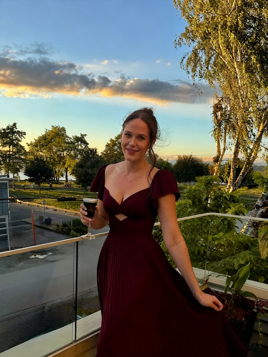 A-Line/Princess Short Sleeves Cutout Floor-Length Prom Dresses