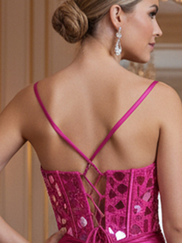 Sparkly Spaghetti Strap Split Floor-Length Prom Dresses with Mirror