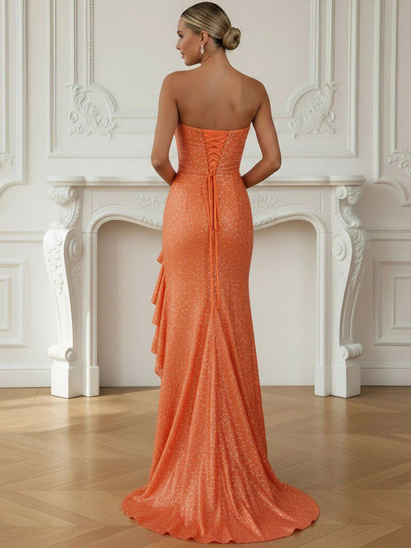 Sheath/Column Ruffle Sleeveless Floor-Length Formal Prom Dresses with Beaded