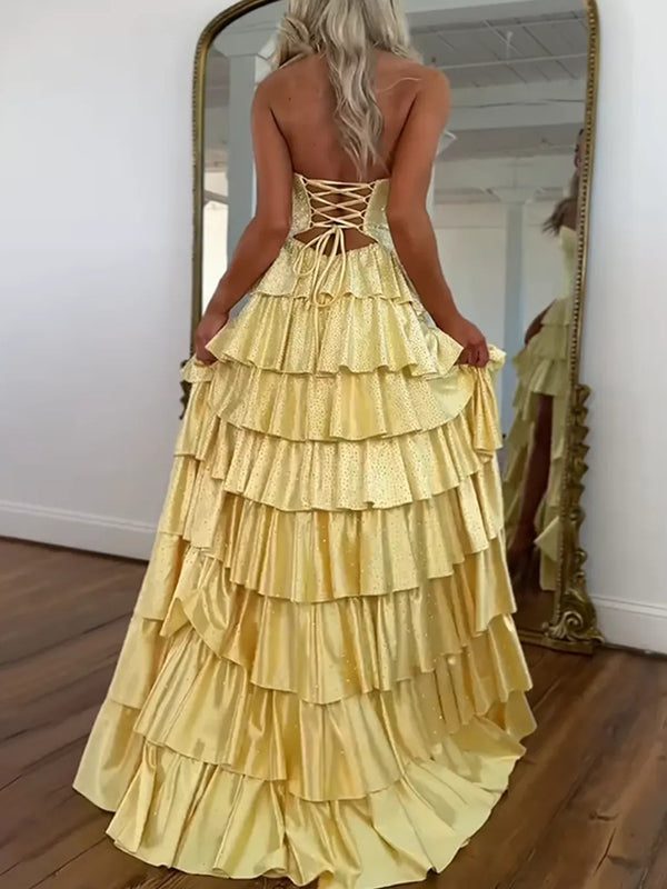 A-Line/Princess Sparkly Tiered Cut Out Floor-Length Formal Prom Dresses