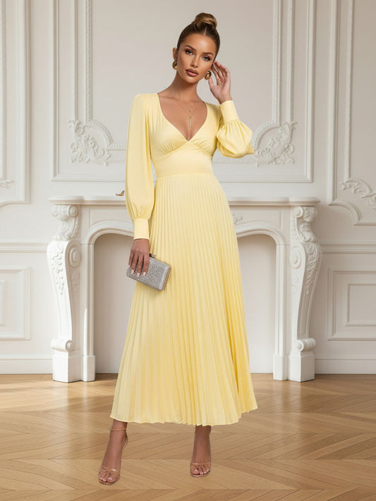 A-Line/Princess Long Sleeves Ankle-Length Prom Dresses with Pleated Satin